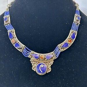 N12- 💙VINTAGE Afghani choker necklace with coral and lapis lazuli💙